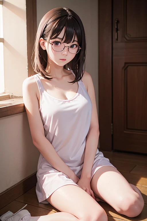 (masterpiece, Highest quality, It captures a very cute moment, Depth of written boundary, Super detailed, Ultra-high resolution, C4D, Octadale, 3D Modeling,Realistic human photos、 8K, 16K, One Girl,Middle school students, Small breasts,Black Hair,short hair,Straight Hair,Light brown eyes,White headband,Wearing black glasses,Cute face), Bloomers, Black tank top, zettai ryouiki, Wet clothes,Classroom Nights,Moonlight, Good elevator, Take off、Real-life skin、Not an anime、Realistic、Not an illustration