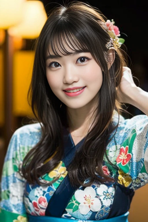 Photo-realistic quality、There is a woman dancing with a smile, Japanese Model, Shot with Canon EOS 5D Mark IV, Japanese Idol, Cute playful pose of the dancer, beautiful japanese girls face, Kimono、looking at the camera、Detailed and beautiful eyes、Cute smile、A soft and gentle look