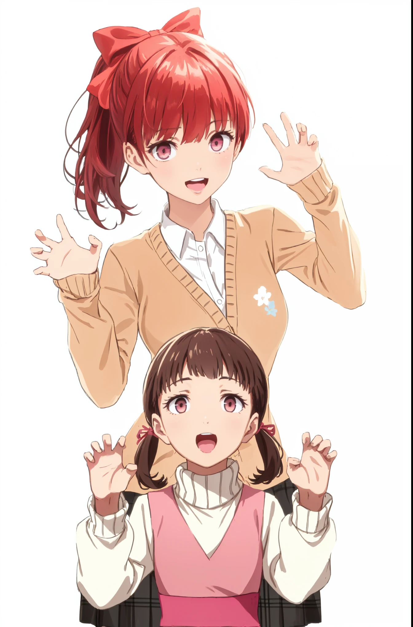 別の女のchildの隣に立っている赤い髪とポニーテールのアニメの女のchild, かわいい女のchildのアニメビジュアル, everyone, anime cover , slice of life animation, Kasumi Yoshizawa, Made by Anime Painter Studio, Today's featured anime scene photos, ( ( ( masterpiece) ) ), cute realistic portrait, capturing sunlight, Dojima greens々child, Illustration Anime,Open mouth smile