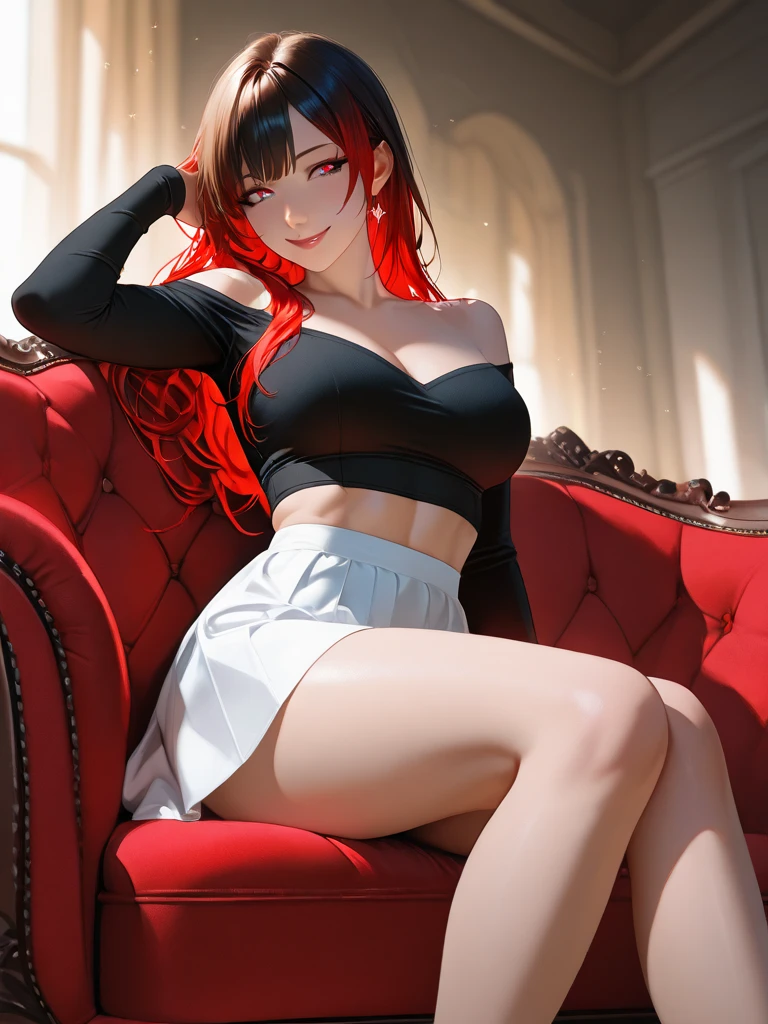 realistic image, detailed image, coherent image, 1 beautiful girl, she has shoulder length hair with blunt bangs, red hair, red eyes, smiling expression. She is wearing a strapless top, showing her navel, thin thong, pleated miniskirt, sneakers, She has a curvy body, small breasts and thick thighs, She is standing, legs crossed, arching her back, white background, uniform background , flower petals falling around, Soft focus, full body view, Dramatic shadows, Volumetric lighting, natural lighting,arima_kana