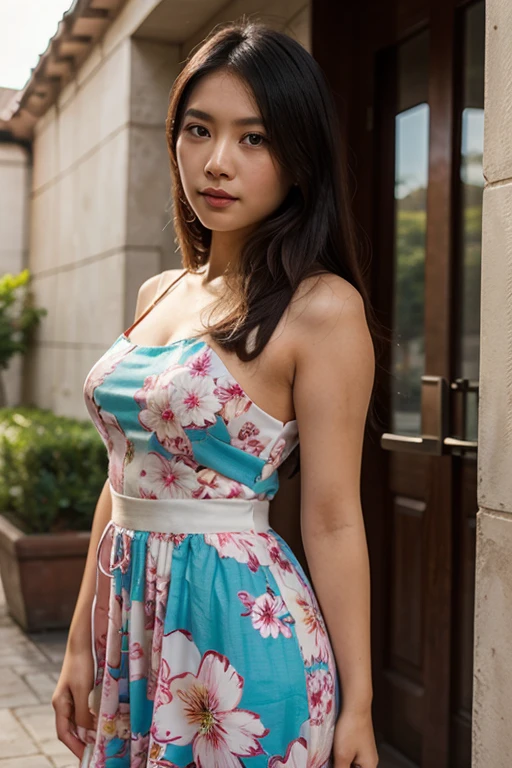 ( Close Up),RAW, Best quality, high resolution, masterpiece: 1.3), beautiful Malay woman in , Masterpiece, perfect body, Big breasts, thick thighs, long hair, brown hair, beautiful big eyes, mole under the eyes, long eyelashes, big eyes, beutifull face, perfect hand, Soft smile, woman in an light blue floral dress (( daster)),( frilled dress:1.1) ,standing on a brick wall, frock, malay women's fashion model, flowery dress, flowing dress, malay dress, wearing a long flowery dress, floral, stylish dress, floral art novuea dress,,long dress female, dark blue and brown leaves for hair, dress, ,Great lighting, Bright colors, Clean lines