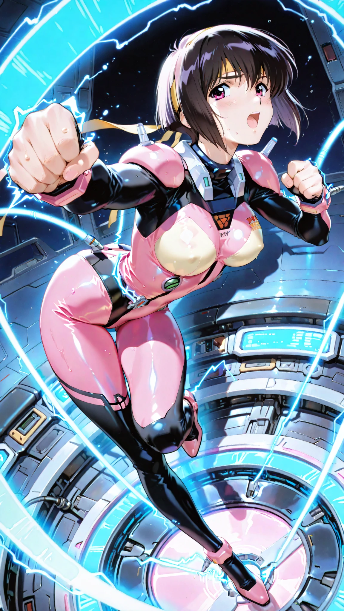 (Highres) (Detailed illustration) Ultra-detailed, blue eye color, Asuka Koukawa, hime hair, straight bangs, very long hair, ginger hair, teen, visible muscles, athletic body, toned abdomen, thick arms, mechanical limbs, mechanical arms, oppai, huge breasts, very long hair, pink opaque bodysuit, shiny latex bodysuit, detailed latex bodysuit, full body, fierce expression, dramatic lighting, charging up power, action pose, hyper-detailed face, DBZ, energy attack