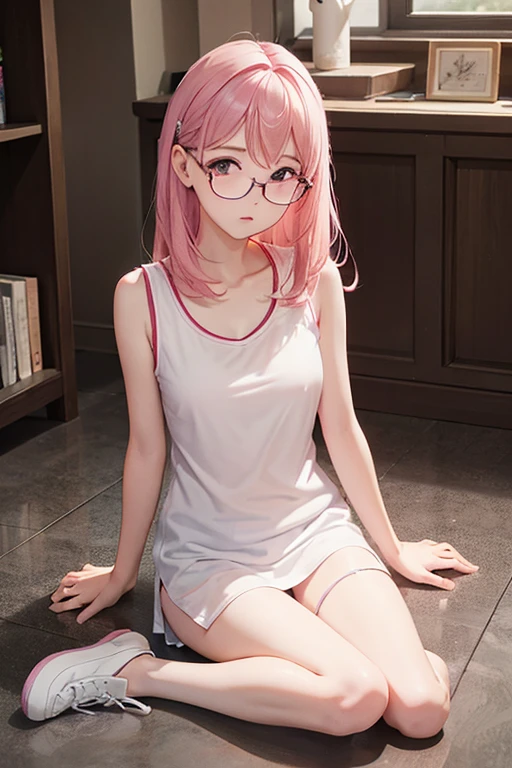 Highest quality、masterpiece、High sensitivity、High resolution、Detailed Description、Slender women、Glasses、White camisole、Sitting on the floor、The whole room is lit up in pink.、Illuminated、Night room、