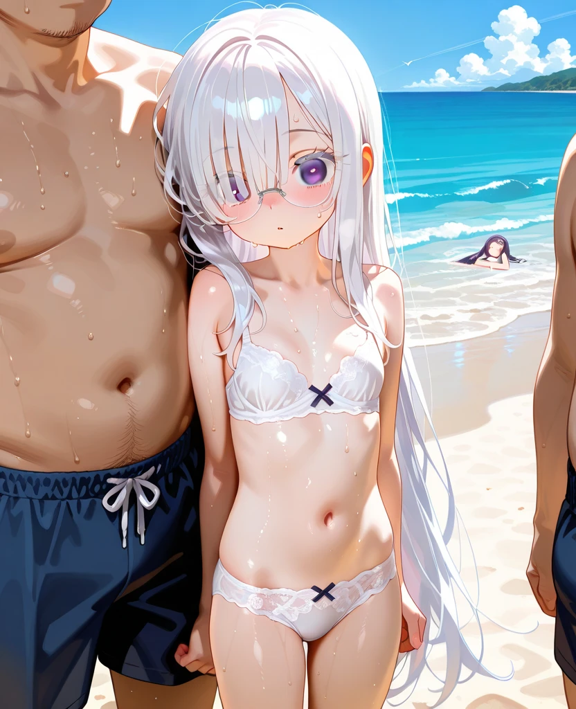 ((Perfect Anatomy)))、masterpiece、Highest quality、Very detailed、(masterpiece、Highest quality)(Very detailedイラスト)(Official Art)(Ultra high definition)、(Perfect body))、whole body
(Beach)
Focus on girl with bob cut and blunt bangs、(A girl in a silver erotic micro bikini with thin nipples:1.3)
(Small breasted girl:1.4)、A mature 15-year-old、Baby Face、Woman facing forward、(( 2 males、1 female:1.5))、((((Standing between two men,A man hugging and caressing a girl's torso and groin: 1.5))))
(Large man、A man wearing a swimsuit with his penis sticking out)
(Shy girl blushes:1.3)
((((The faces of both men are out of frame:1.5))))
、Male caressing girls、
((男性 are out of the picture:1.4))、((Characters other than the girl are blurred.:1.4))