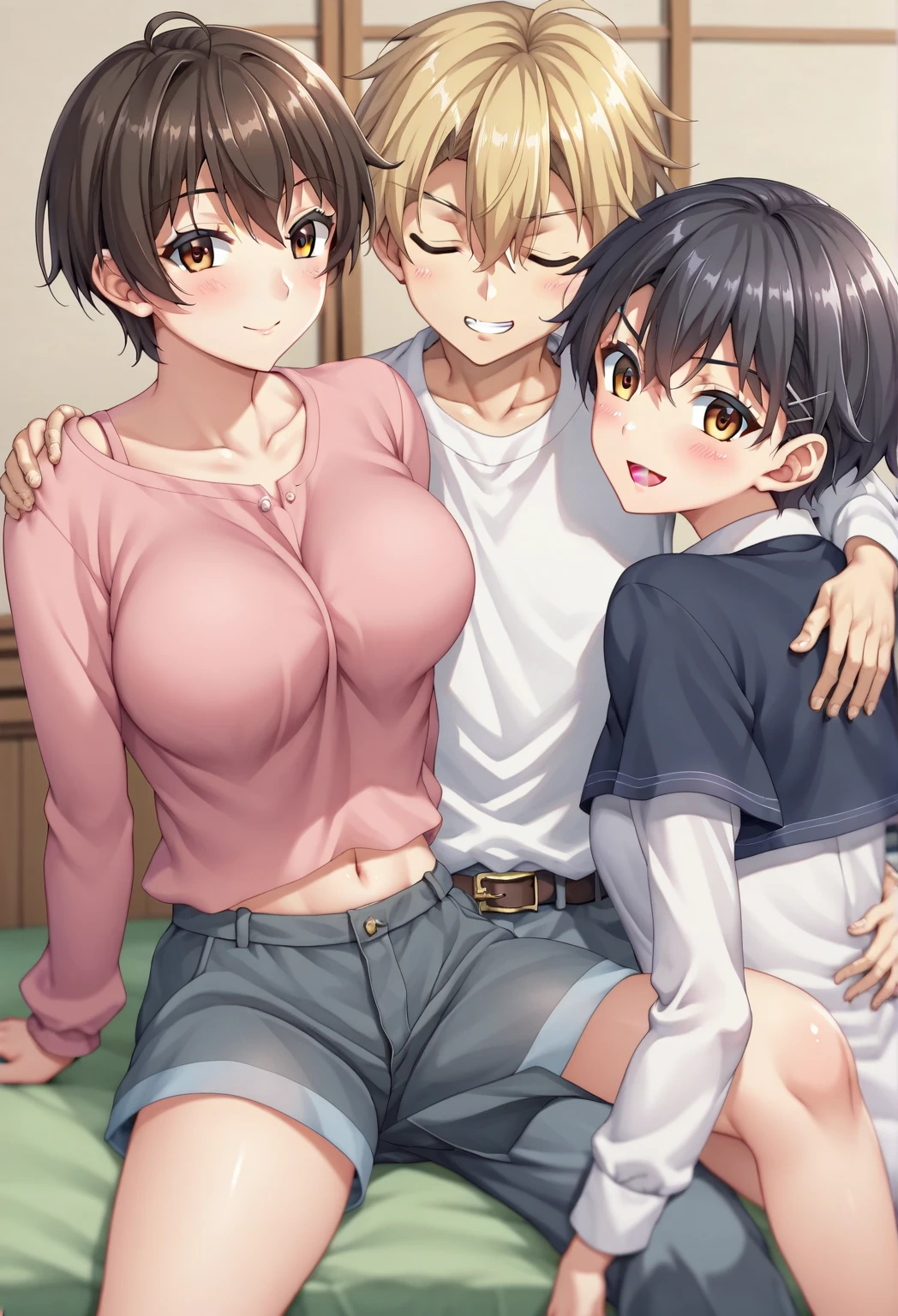 nsfw,((Beautiful nipples)),(1boy and 1girl, girl's spread arms, grabbing breasts, grabbing from behind)、((Completely naked))、Highest quality、Very delicate and beautiful、I、((10 years old ))、Japanese Girl、Primary school students、((Very short bangs))、((Bangs))、Brown Hair、Short Bob、Young body type、Cute like an idol、Yellow Eyes、Are thin、Slim figure、Bright room、Open Mouth、Embarrassed face、Sweat、Surprised face、