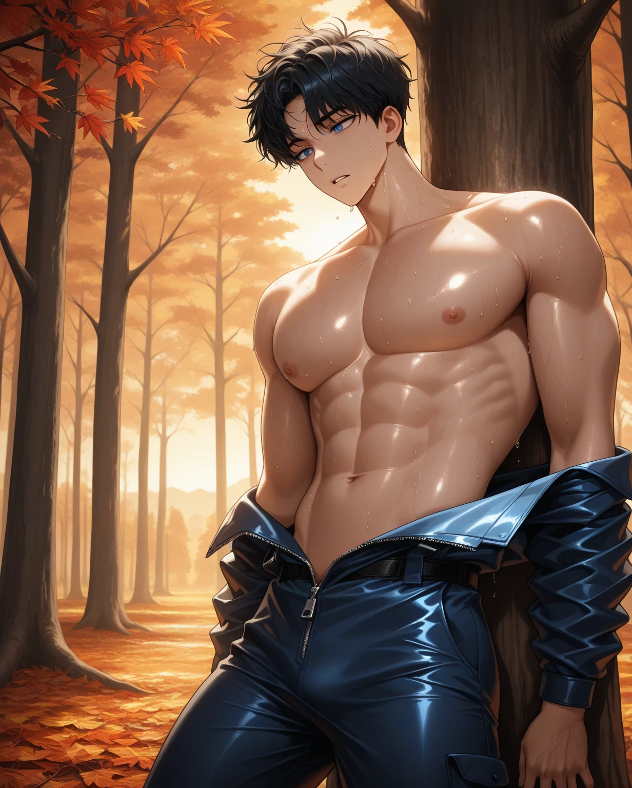 Boy, teenager, 17 years old, With perfect, round shiny buttocks, Front light, wet thong, The sun shone on front off his body, Very wet body, sweating,  exposing his sexy chest, Very hot sunny day, Fluffy chest,  Short hair , squat pose, on the sport field, seducing, just Wearing wet white Tiny thong exposing his big bulge, very wet body, fit body, teenager, young teenager boy, sweat covering all over the body, Sweat dripping all over the body, The colors are bright and vibrant, enchancing the overall aesthetic, don't merge body's, detailed eyes and lips, sixpack and fit body Anime style, oil painting,