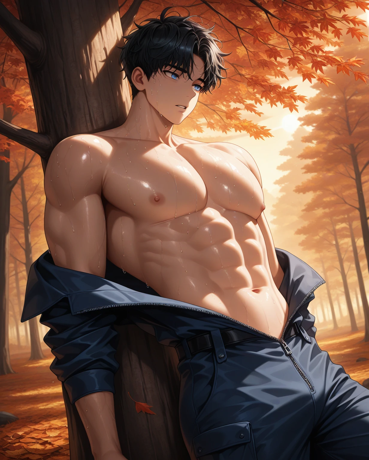 A red-haired man sits on a rock in the woods, Shirtless :: High Detail, High resolution commissions, Fluffy chest, Medium shot of handsome guy, Sweating of the abdomen, Forest in the background, muscular!!, muscular body, muscular thighs, muscular!, Big breasts, Forrest in the background, Naked chest, anime lush john 8k woods