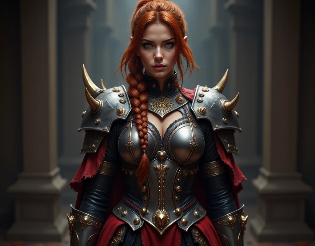 (realisitic, ultra quality, fot) 1woman, pele caucasiana, red hair in a braid, fine nose, thin face, thick lips, as if screaming, medium breasts, lightbrown eyes, Waist slender, legs thick. (dressed in the clothes of a medieval warrior, Chain mail, holding a small sword in his right hand, with a backdrop of a medieval village and a castle in the background. High quality and realistic photographic image