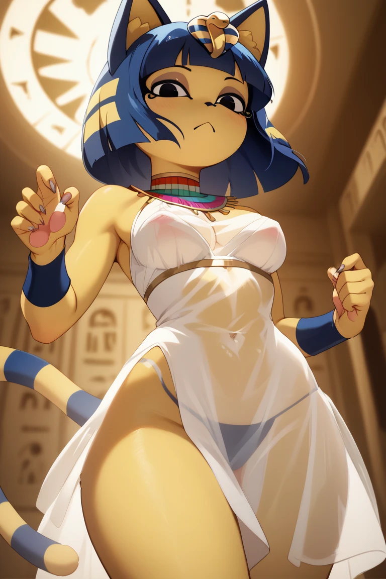 [isaCrossing], [Isabelle; Animal Crossing], [Uploaded to e621.net; (Pixelsketcher)], kemono, dagasi, solo female ankha \(animal crossing\) with ((tiny and short body with yellow fur)), (full body), (blue hair), (blue eyes), (yellow and blue striped cat tail), ((anthro furry)), ((wearing a short tight white dress:1.4)), (cute white panties), (cleavage), (egyptian necklace), ((small breasts)), (detailed fluffy fur), (front view), (viewed from below), ((crossing her arms)), (standing), (condescending expression), (seductive pose), (neutral expression), (half closed eyes), (detailed background, egyptian temple background, depth of field, half body shadow, sunlight, ambient light on the body), (intricate:1), (high detail:1.3), (unreal engine:1.2), (soft focus:1.15), [explicit content, questionable content], (masterpiece, best quality, 4k, 2k, shaded, absurd res)