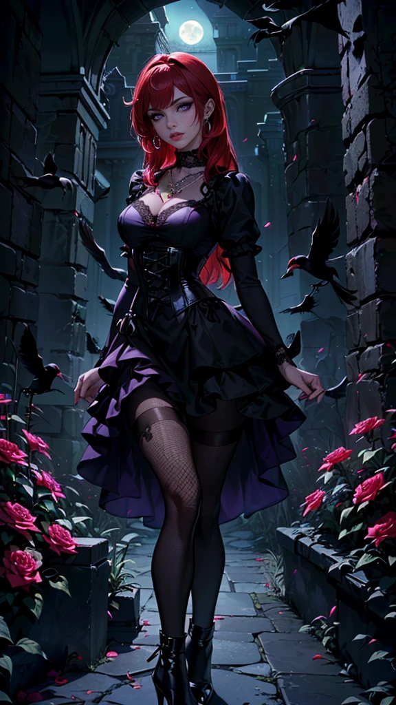 Persephone, full body potrait of a photorealistic beautiful violet hair seductress, devilish, messy hair, in a dark garden, hell, gloomy, exotic black and violet vilain dress, choker style colar, blood color eyes, detailed face, goth, full body, dark fantasy, bloody flowers, overcast, foggy