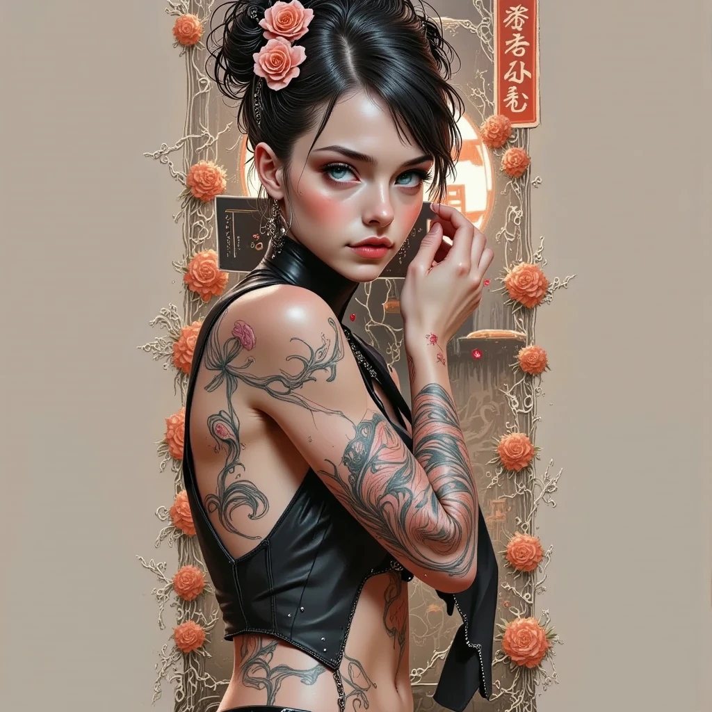 A sexy ?????? woman , A beautiful babe ,??? slave, ?????? worker, ??????????, ??????),(??? pose, ?????? design , ?????? face, ?????? pose),(small tits, , big eyes, sexy eyes body covered with tattoo, red lips, sexy lips, sexy face, hand tattoo, leg tattoo, chest tattoo ,pore white hair), (wearing ??? slave accessory ,golden accessory, Slave bracelet, bracelet, , ?????, magical forest (masterpiece, top quality, best quality, official art, beautiful and aesthetic:1.2), , extreme detailed,(fractal art:1.3), entangle ,colorful ,highest detailed (((masterpiece))), (((best quality))), ((ultra-detailed)),(highly detailed CG illustration) ((an extremely delicate and beautiful)) ,cinematic light, ??????, ?????? pose, back pose