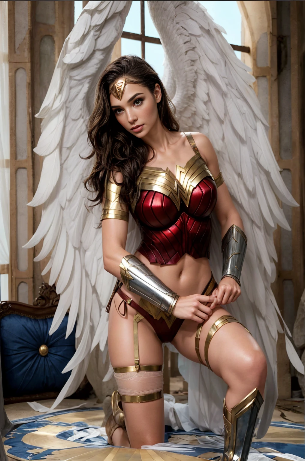 Full body image. Portrait of a beautiful young woman with white wings. Skin-tight red and gold warrior armor bikini large breasts