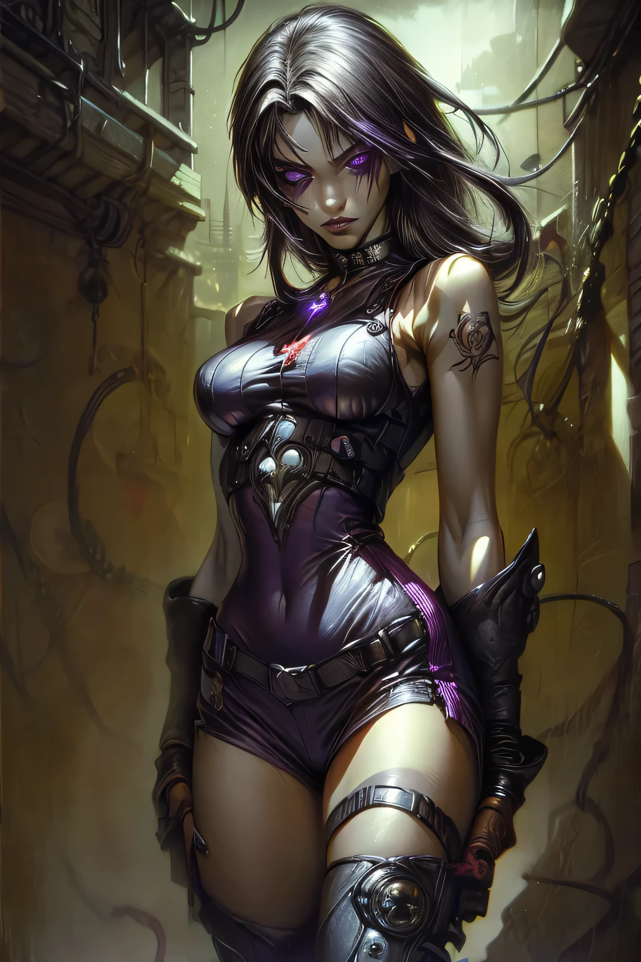 a 18 y.o girl wearing bodysuit(sleeveless), high boots, black-eyes shadow, long eyelashes, arm tattoo, detailed facial features, beautiful young woman, sexy pose, dark bodysuit(sleeveless), thigh-high high boots, arm bracelet, circlet, choker, dramatic lighting, industrial urban background, neon lights, sci-fi atmosphere, gritty cyberpunk style, HDR, vivid colors, shy, purple eyes, photorealistic, digital art, cinematic, cowboy shot, Fujicolor, motion blur, 8K, UHD, best quality, anatomically correct, anatomically correct, high details