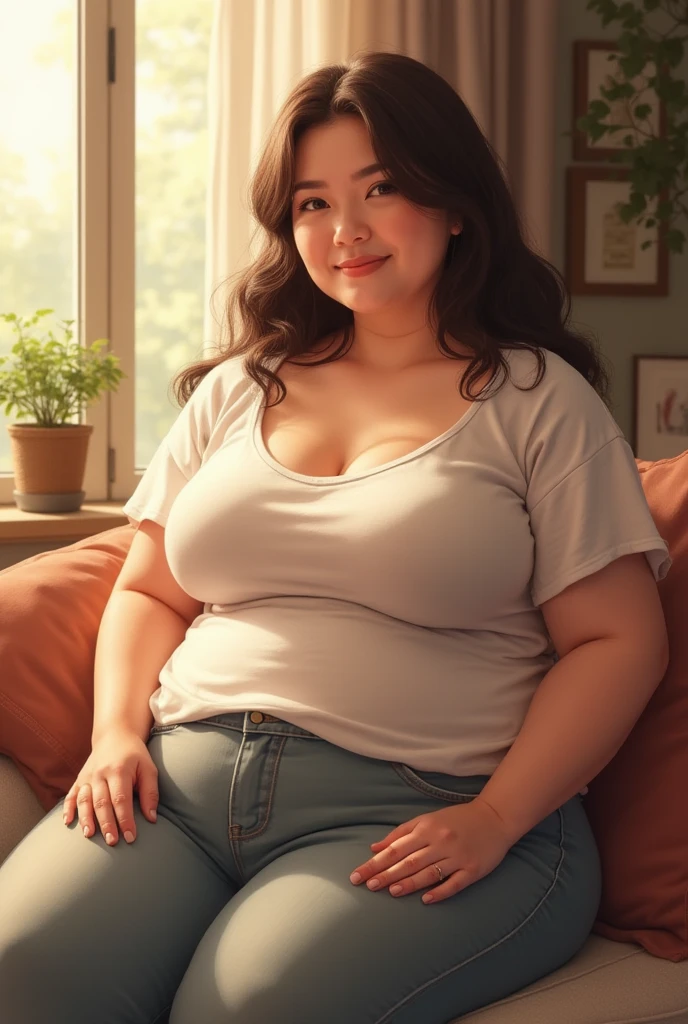 A really fat adorable cute obese young 17 year old fat girl which is 5 feet and 1 inch tall, with very kind feminine beautiful face, long curly beautiful hair, blue eyes huge bloated soft obese belly hanging, very wide hips and obese wide thights, huge fat booty, fat arms, smiling in a small tight jean skirt and a gray crop top. Sitting in a small chair at a fast food restaurant