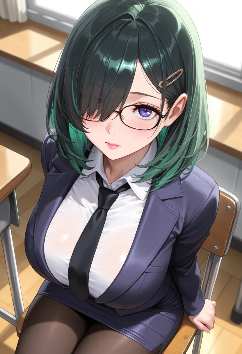 large chest, hair flower,star hair ornament,glasses,collared shirt,green bowtie,1girl,short hair,buttons,parted lips,looking at viewer,portrait,cropped shoulders,black ribbon,by sky-freedom,solo,blunt bangs,black flower,hair ribbon,gradient background,star (symbol)
