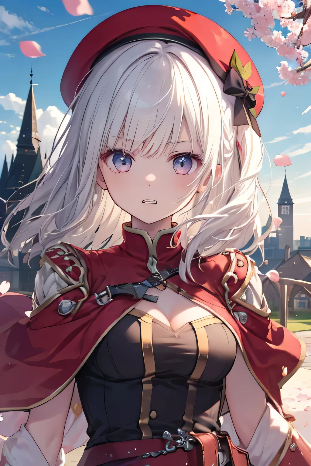Serious girl, White hair, (showing teeth), castle background, castle background(mansion), complete anatomy, Graphic Effects, height 159 cm ( 5 feet 3 inches ), red beret, strong breeze , sakura petals and leaves, , Masterpiece, the best quality