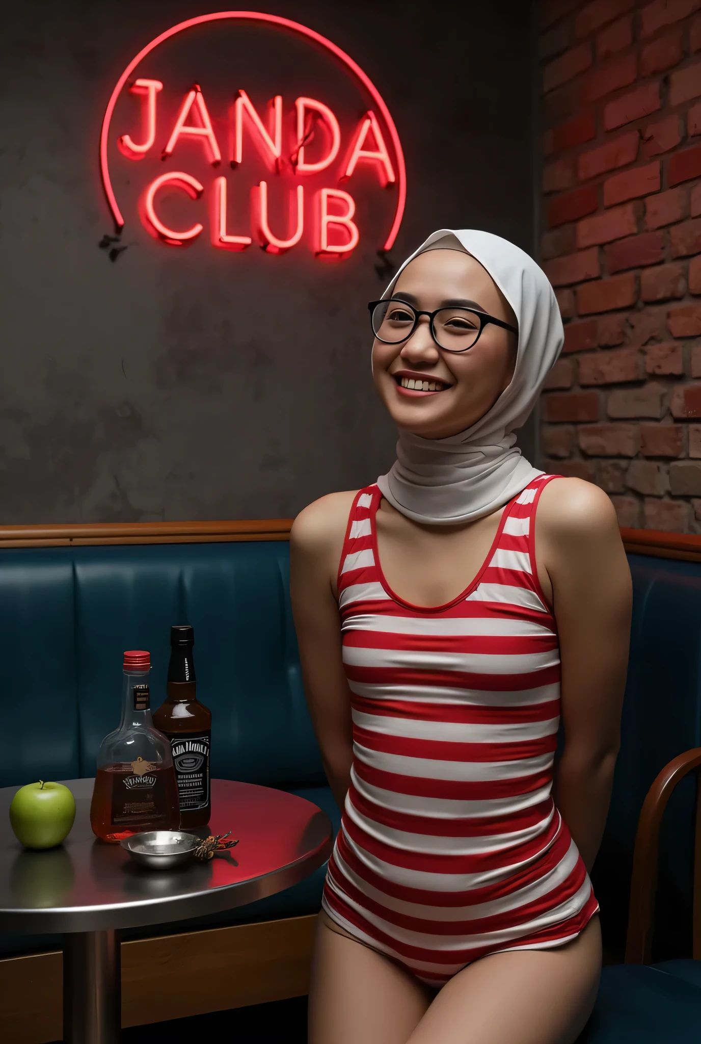 face cute smile , Front posing, Wearing Scarf neck tie, Front posing, SKINNY SUPER OLD LADY, memakai kacamata rabun, (Thighs and calves huge muscles), (((MOODY FACE EXPRESSION))), "Wearing Hijab perfectly", wearing Scoop Neck Sleeveless red & white Bodysuits singlet swimsuit 'Striped print', (KEDUA BELAH TANGAN DILETAK LETAKKAN DIBELAKANG PUNGGUNG) PLEASE DON'T PUT ANYTHING ROPE!!!, THIGHS OPEN WIDE,
THIN SKINNY HIJAB INDO MALAY (Singlet ), 1 girl, 'MOODY FACE EXPRESSION', Half body portrait, (face details: 1), (Eye details: 1), ((Big breasts)). ultra high res. realistic: 1.4, UHD, (((dark background))), Background worn old brick wall, round Signboard 'Janda Club's' neon light at wall, Sitting on a round table stainless steel A two Bottle of Whiskey 'Jack Daniels and two green apple' Above it.