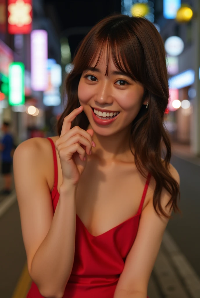 This is a photograph of a young woman named Konoka, with fair skin and straight, brown hair styled in a sleek, low bun with bangs. She has a slender physique and is wearing a white sleeveless dress, and the fabric on his chest was transparent that reveals her collarbones and shoulders, and hands on hips. Her lips are painted a soft pink, and she has minimal makeup, highlighting her natural beauty. The background is a commercial street at night, ensuring all focus remains on her.