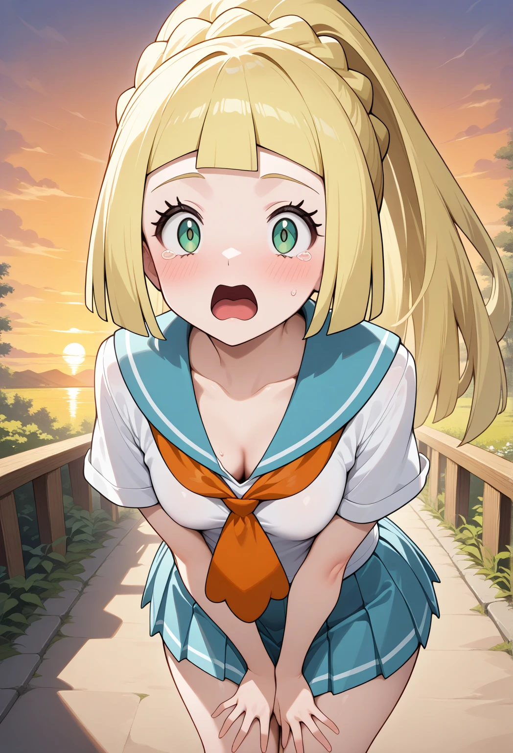 ((Whole body)),(masterpiece, Best Quality), 1 18 year old anime girl in scout clothes, neckline, mini skirt, big breasts about to eat a banana, opening his mouth in a park landscape, ((view from above))