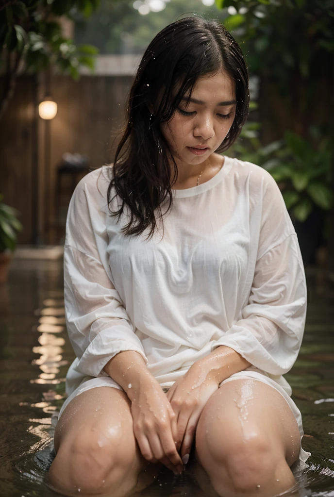 surreal picturefull picture bodyWide angle photo of rain soaking all over Asian woman, overweight, wet white shirt, light, transparent set, Reveal internal proportions that are formed from water, long, light shirt with a slit in the front, sitting on top, holding a phone, selfie There are maple leaves piled up on the floor. In a Japanese-style forest filled with maple and cherry trees, birds fly, rain falls, and a pastel-colored backdrop. Beautiful lights, realistic design, lifelike images Random post, high contrast, high definition 80k uhd
