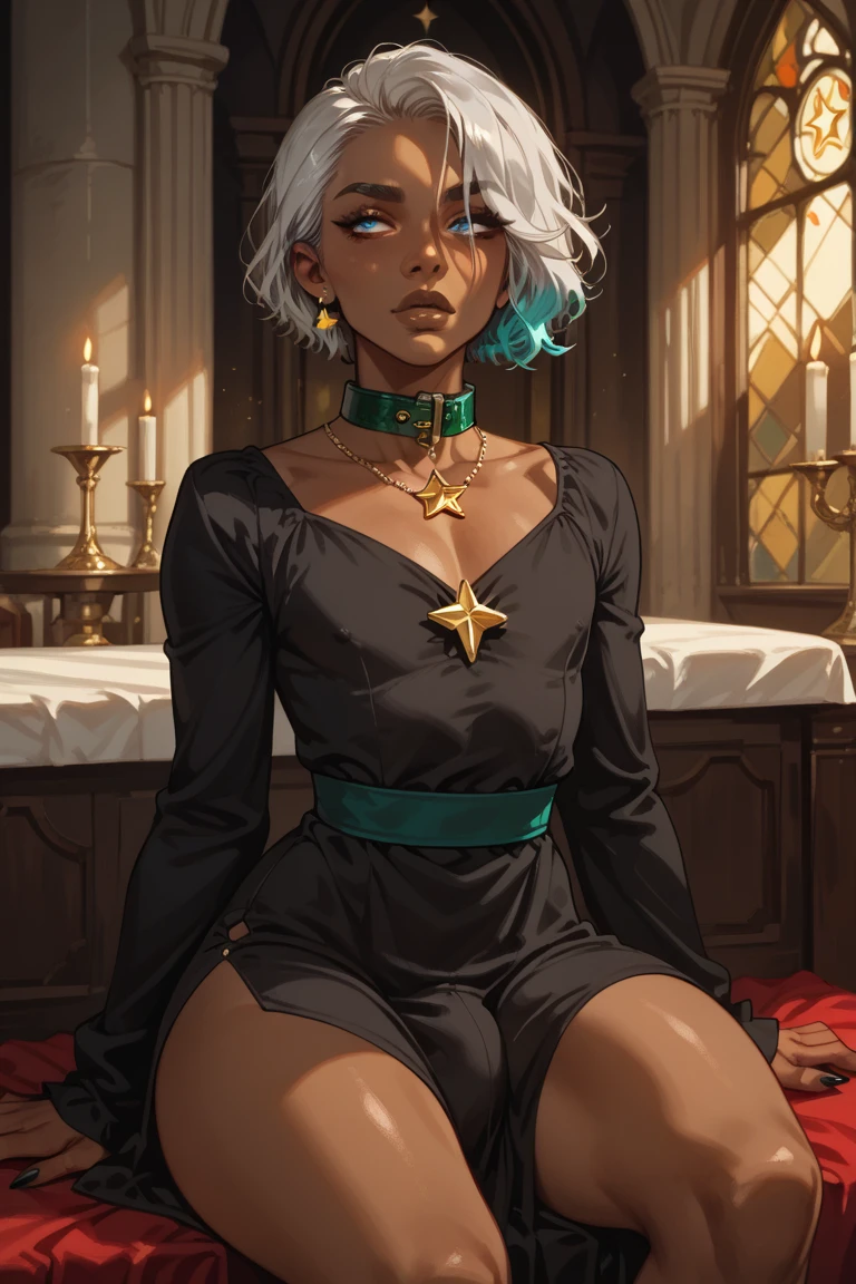 (((Very high image quality))),((Dark Skin)),(((Elf Woman))),(((White hair))),(((green eyes))),(((Seyxy body))),((Large chest)),((lying on the bed)),((Naked)),((legs open)),((Masturbating))