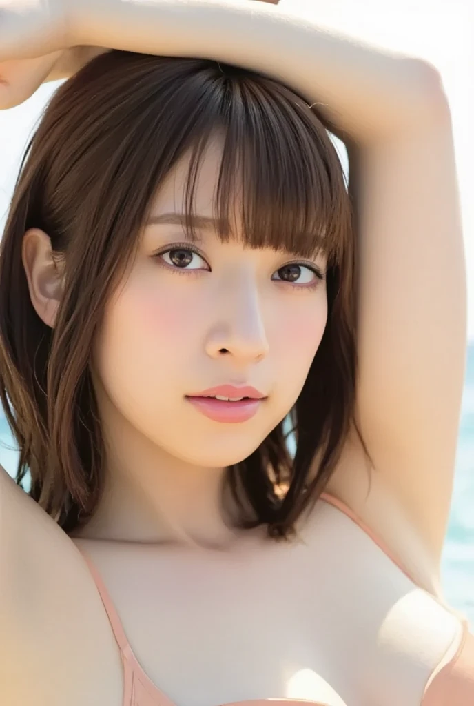 (masterpiece:1.3), High resolution, Very detailed, Very detailed CG Unity 8k 壁紙, Realistic, photo-Realistic, RAW Photos, Beautifully detailed face, Pale skin, Realistic glistening skin, Detailed cloth texture, Detailed hair texture, Perfect body, Beautiful Face, Accurate, Anatomically correct, Very detailed顔と肌の質感, Natural neck length, (Beautiful Hands), (Fair skin:1.2), Thin legs, Thin legs,
break,
fine grain, Symmetrical eyes, Light brown eyes, double eyelid, Thin eyebrows, (Glossy Lips:1.4), ((Sexy Face:1.3)), (blush:1.1),
break, smile、素敵なsmile、
(Very cute girl:1.3), (Nude:1.2),
Small to medium chest, (Hard chest, Shapely breasts, Slim figure:1.1), Toned Abs,
(Dark brown hair, Wavy Hair, Medium Long Hair:1.2), ((Asymmetrical bangs:1.2)), (Nipples visible through transparent fabric:1.2),
break,
((pose seductively, sticking out one's chest:1.2)),
((At Waikiki Beach in Hawaii:1.2)), (Cowboy Shot:1.2), Show Viewer, Distance from bottom,nsfw
