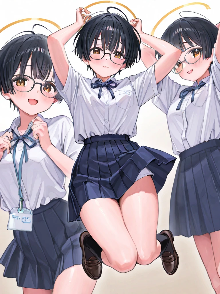 Super detailed, best quality, High resolution, Moe anime, ((((Three cute s with black hair hug each other)))), ((He wears large glasses with round, thin frames.)), (baby face), ((Big eyes:1.5, drooping eyes:1.2)), dark blue eyes, cute eyes, detailed eye description, brilliance of eyes, view audience, pale skin, ((())), NSFW, focus on the face, ((bust shot)), ((naked naked school uniform, String panties)), Nipples are showing through, In the classroom, Navel exposed, bare shoulders, Chest exposed, Skirt-lift, Shirt-lift, ((flat chest)), From the back, small ass, wriggling the body