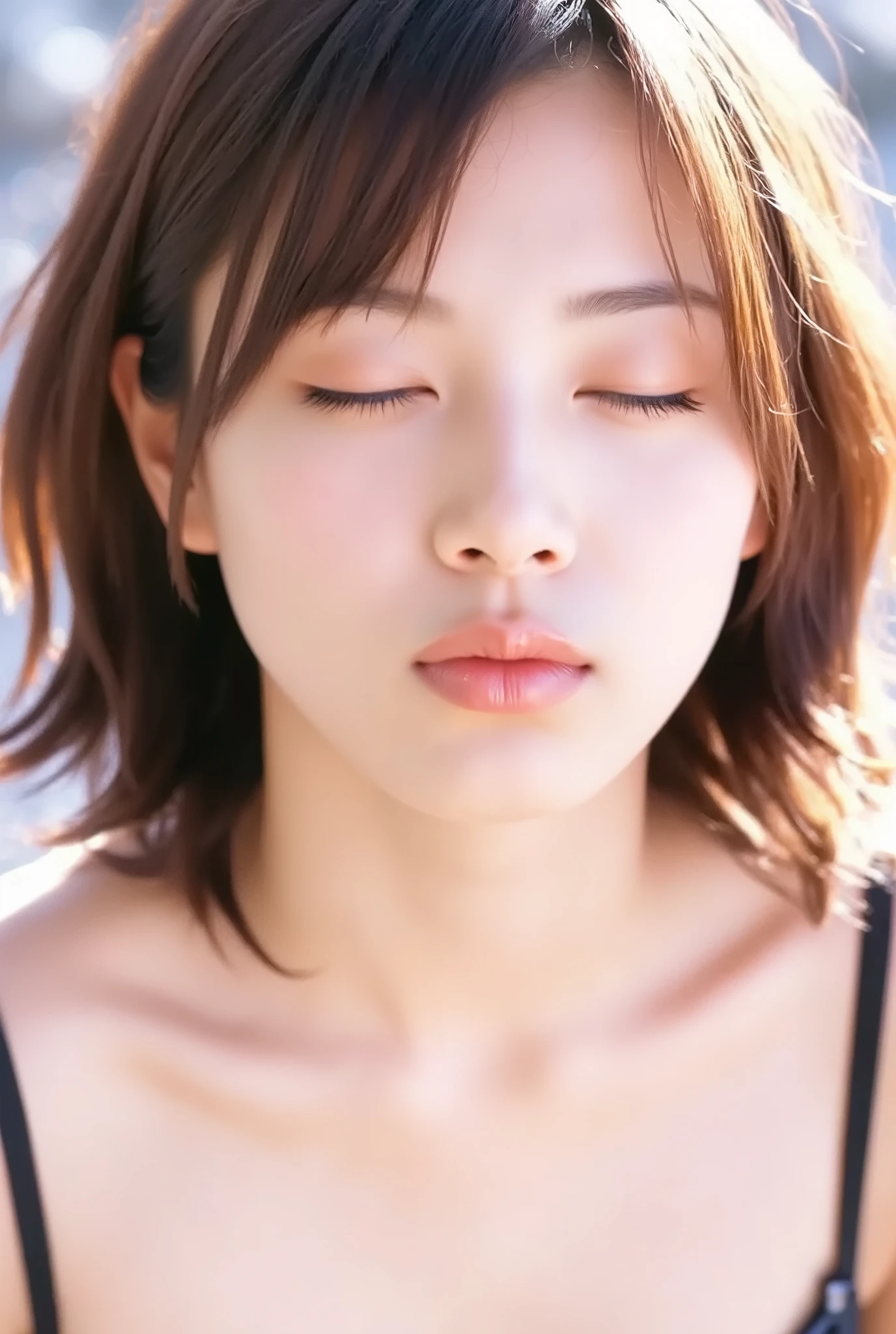 ultra-detailed close-up of a beautiful girl, collarbone-up composition, white studio background, soft natural lighting, slightly elevated camera angle (around 35 degrees), full face and head visible in frame, chin slightly raised, eyes gently closed, deeply affectionate smile, cheeks and ears flushed, dreamy, blissful, euphoric expression, mouth puckered and protruding with a rounded kiss shape, glossy moist lips with shimmering highlights, soft lips reflecting light, extreme focus on lips, inviting kiss pose, longing expression, desperate affection, dere-dere mood, hands behind her back and not visible, natural skin texture with visible peach fuzz, matte facial skin, black camisole strap visible, soft head tilt, bokeh background and soft facial contour blur to emphasize lips, overflowing with affection and dazed joy