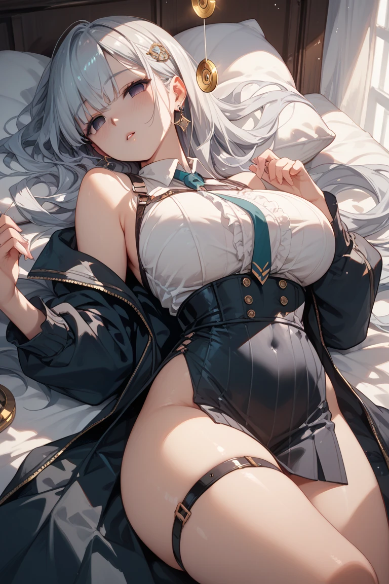 Highest quality　High resolution　A lovely young and beautiful woman　Red eyes　Beautiful gray hair　Medium Perm　Cute Gentle Girl　Cat ear　Fascinating beautiful underwear　Fascinating maid outfit　Breastfeeding services　驚異的な魅力を持つ童貞キラーのBig Tits　Sexless　Breast milk　Breathtaking　Incest　Rut face　Chubby　Big Breasts　Super Breasts　Big Tits　Black, erotic and seductive underwear　横乳はみ出そうなデカいSuper Breasts　Adult Women Mature Women　Voluptuous bodyエロセンシティブで卑猥なピチピチの下着を着用し、She is wearing stockings and white thigh-high socks, She wears gloves, Frivolous and lascivious expressions, She has a condom in her hand, Mature mature woman face, Huge breasts, Huge thighs, Huge Ass, Voluptuous body, Good balance, I invite you to lie down in bed at night and have sex with me　She seduces with a contraceptive condom in her hand