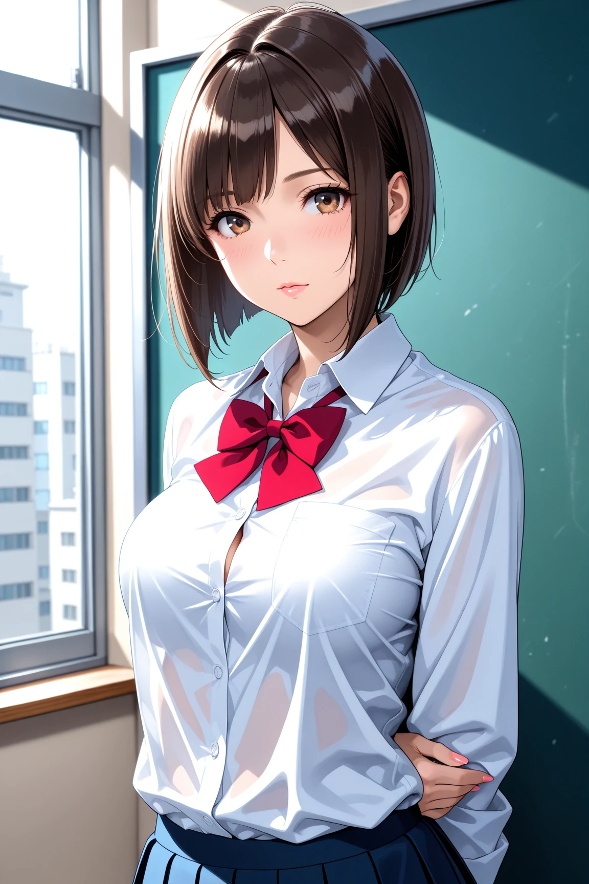 (((locker room))),(((Change clothes in the changing room:1.3))),(((clothes on hangers:1.3))),(((Sailor suit))),(((Pleated skirt that exposes skin))),(Dark red bow tie:1.3),Cute Face,Extreme close up of face,Silver short hair,Crying face,tears,Perfect round face,iris,Floating Hair,Big Breasts.Professional Lighting,Cinematic Light,(Tabletop,highest quality,Ultra-high resolution output images,) ,(8K quality,),(Picture Mode Ultra HD,)