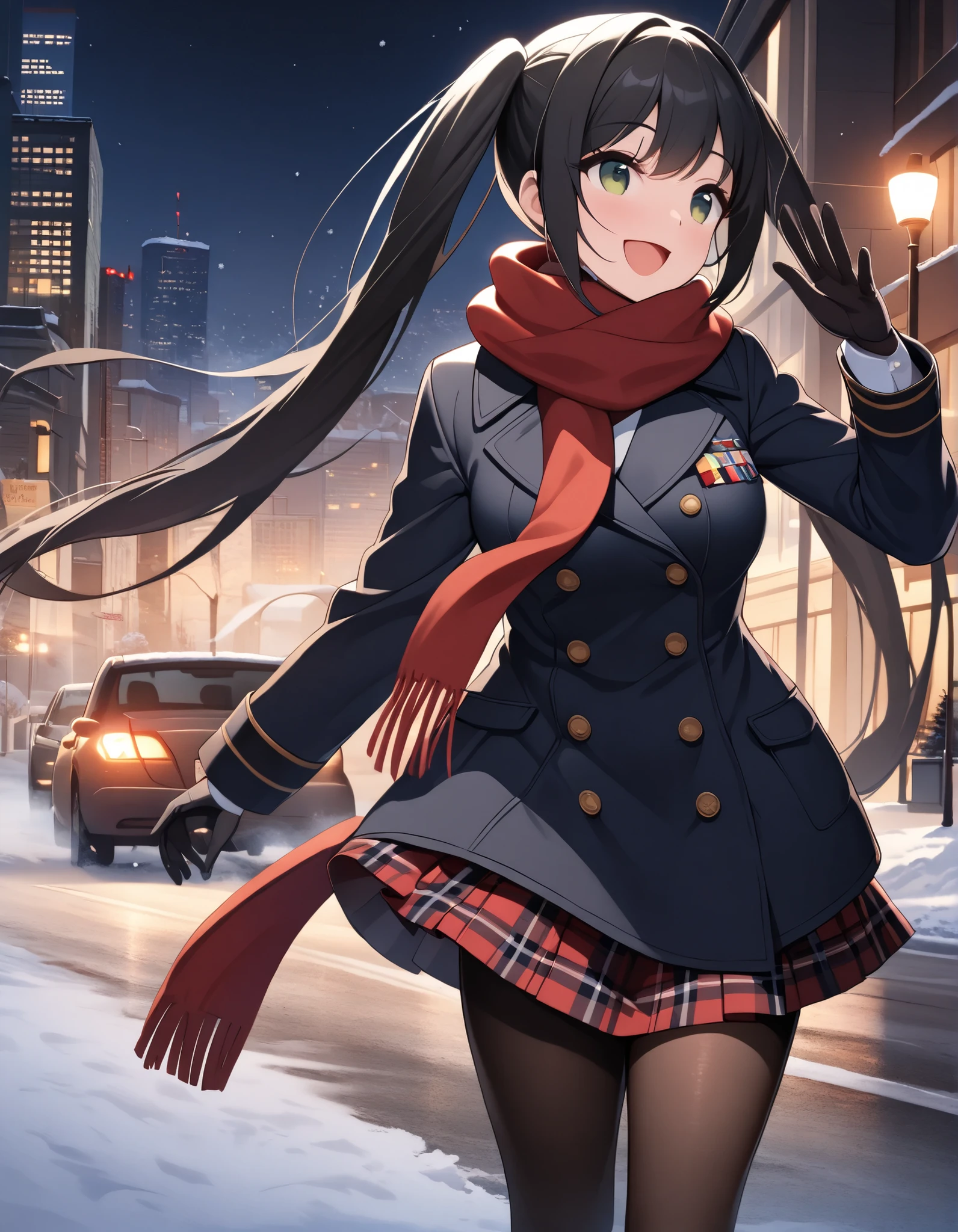1girl, solo, thighhighs, skirt, long hair, scarf, jacket, hair ornament, necktie, smile, outdoors, brown hair, brown eyes, looking at viewer, hairclip, shirt, sitting, red scarf, white shirt, school uniform, bangs, black jacket, plaid, long sleeves, plaid skirt, open clothes, black thighhighs, blazer, closed mouth, pleated skirt, open jacket, sky, brown skirt, snow, blush, fringe trim, sweater, sweater vest, snowing, black necktie, night, collared shirt, miniskirt, feet out of frame, lamppost, best quality ,masterpiece,realistic,Vibrant colors:1.5, an extremely delicate and beautiful, finely detail, extremely detailed CG unity 8k wallpaper,huge filesize , ultra-detailed, highres, RAW photo, vivid, intricate details, perfect eyes, perfect face, perfect lighting,