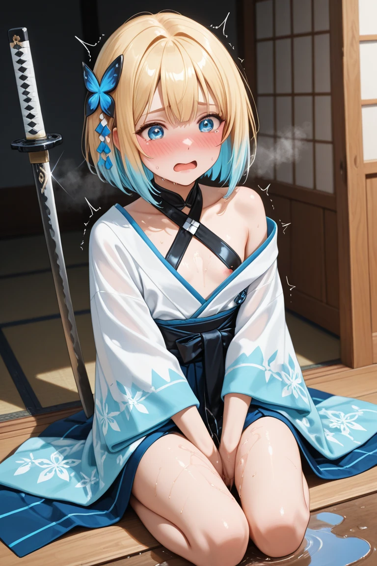 (masterpiece:1.3, best quality, ultra high resolution, very detailed), beautiful illustrations, perfect lighting, fancy, depth of written boundaries, beautiful and delicate hair, A face with beautiful details, beautiful details, beautiful collarbone, beautiful body, beautiful breasts, beautiful thighs, beautiful feet, beautiful fingers, View viewers, 1 girl, Japanese, High school girls, perfect face, (complete anatomy, anatomically correct), cute and symmetrical face, baby face, glowing skin, blonde, asymmetrical bangs, blue eyes, long eyelashes, medium chest, thin, No panties, The panties I was about to take off were hanging on my legs., (beautiful sight), dinner, hot spring scenery, stand, (cute smile, gaze upward, open your mouth), (Semen splattered on vagina), There is sperm on your clothes, beautiful yellow short hair, chest concentration, Super cute, very beautiful,beautiful background,realistic background,realistic photo,Very detailed,short costume, pokemon the gate, the gate, Semen splattered on the chest area, shameful face, being violated, Have sexiness together, only looking at me, Extend your arms towards the viewer, Vagina is wide open, quite erotic