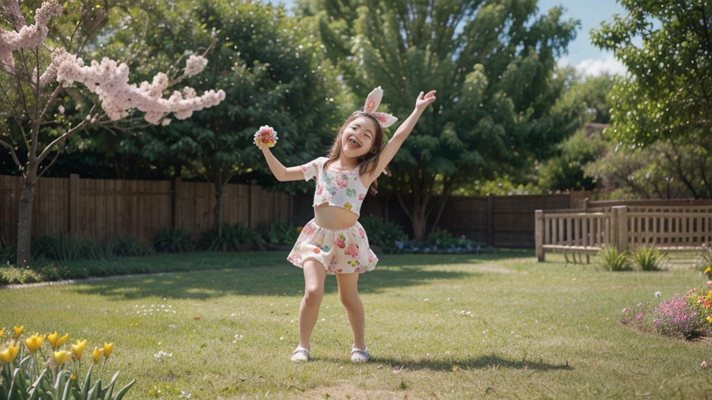A cheerful young girl with blonde pigtails, holding onto a pink balloon. She is wearing a pink dress and pink shoes. The girl appears to be running or floating in the air, with her hair and the balloon being blown by the wind. The background is a textured beige, and there are illustrations of grass and plants around the girl.