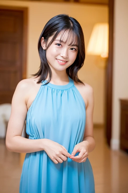 A beautiful Japanese female idol in her teens is wearing a cool white and navy stage costume with a futuristic design and smiling cheerfully as she looks at us. Focal length 100mmf/2.8, spring day, sunny, living room on the upper floor of a high-rise apartment, ideal light source, well-shaped face, toned body, large arm movements, close-up of eyes, presence, dynamism, 8K image quality ,Highest quality.