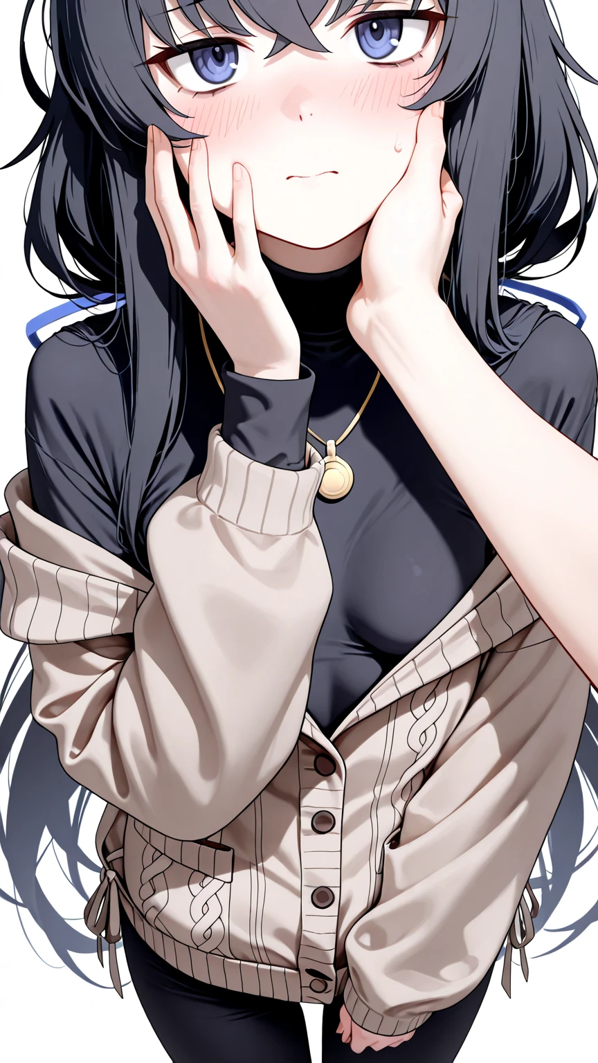 realistic, colorful, mature, 1girl, black hair, red eyes, glasses, cat ears, white turtleneck sweater, latex leggings, harness