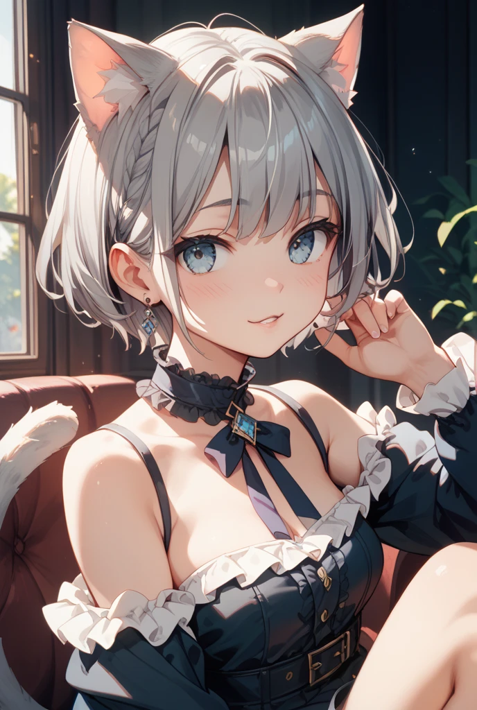 table top High level image quality best image quality 8K adult woman Portrait white long glovelan gloves)) white pantyhose((blanche)) China dress((Tube top)blanche)) wolf ears short hair((shortcut)(gray hair)(perm)(fluffy)) eye color is blue smile((red cheeks))