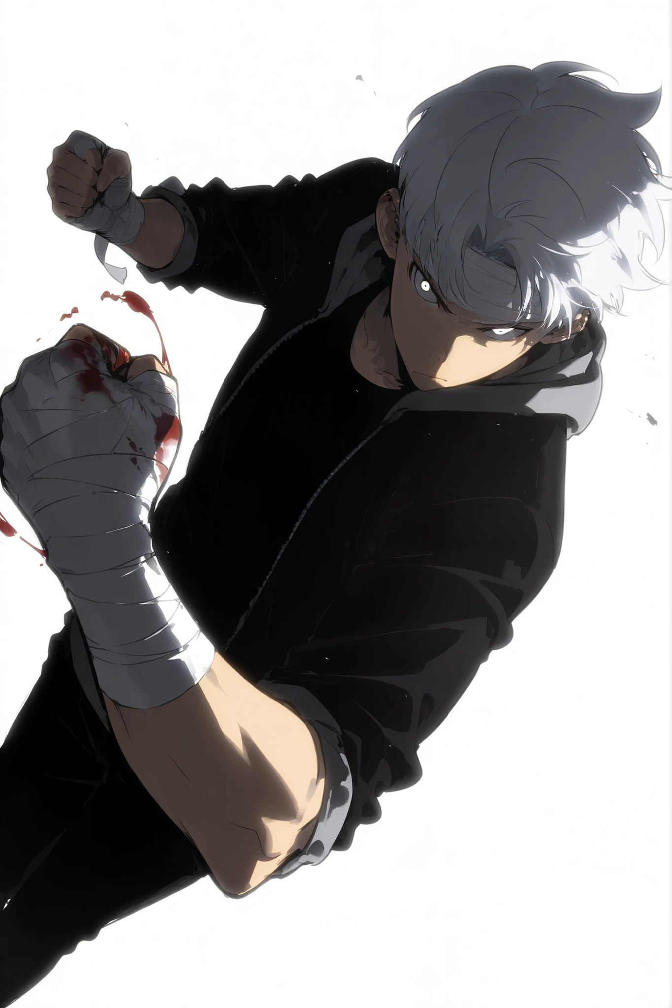 Handsome, Athletic, alone, male, Short spicky hair, long white hair, black orange eye, black shirt, white orange and black unzipped hoodie with rolled up sleeves, black pants, , intricate sketch, expressive eyes nose and mouth, simple pose, clench fist, blood on his fists , perfect Anatomy , ripped, Wraps bandages on his fist , hand perspective , dutch angle, wraps bandage on his fist, white background