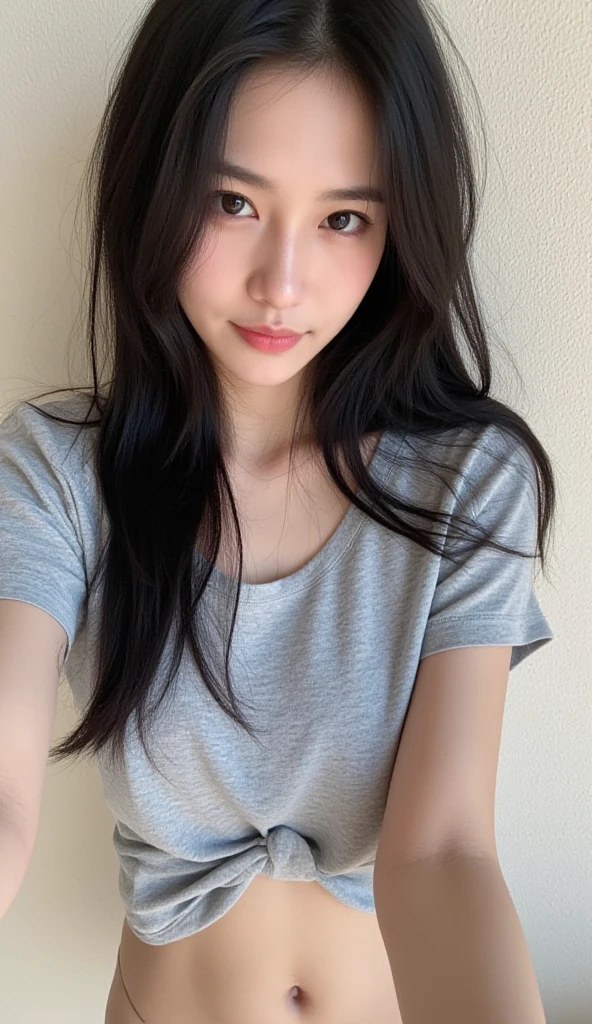 Realistic photos of (1 cute star) shoulder length hair, ponytail, light makeup, bangs, (small), clear facial features, 8K high resolution, sharp and realistic details, full body, fair skin, (white skin) in my room, changing (underwear), changing clothes, f/4.0, 135mm, fujifilm, jpeg artifact, dithering, uhd, masterpiece, blur, schoolgirl, underwear, white