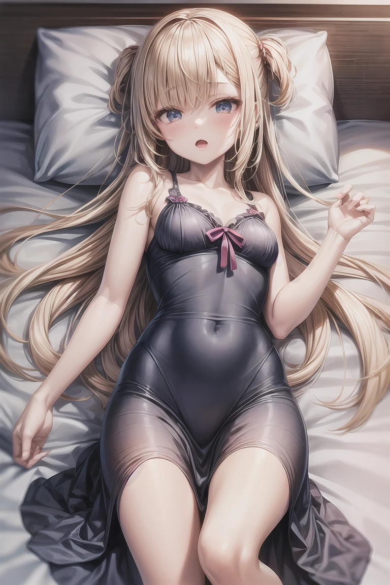 top-quality、1girl in,a blond、Medium Hair、Red Eyes、Red cheeks、light skinned、Pink-cheek color:1.3、Shy gesture、View here、Small face、Black Bunny Girl:1.4、Shoulder out:1.1、Constriction、Dressing up to bite、Thin leg、Black fishnet stockings、natta、hotels room、lying on the bed、Supine position:1.5、Angle from diagonally above、Background blur、masterpiece