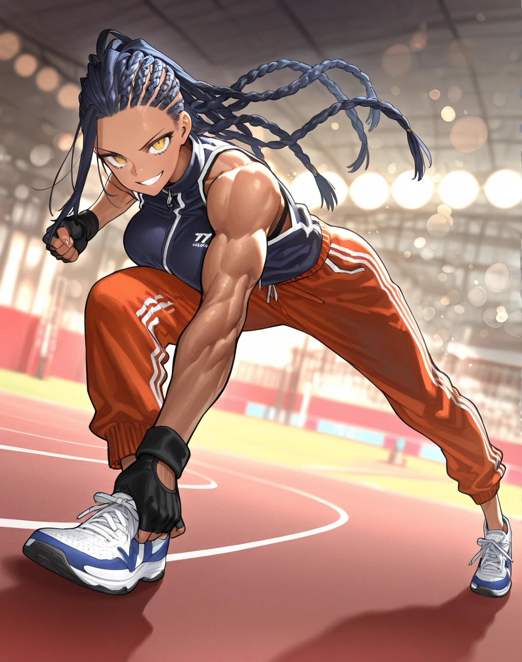 masterpiece, absurdres,
1girl, solo, dark skin, dreadlocks, long hair, large hips, muscular, leg up, fighting, combat, battle arena, box ring, mma, barefoot, indoors,