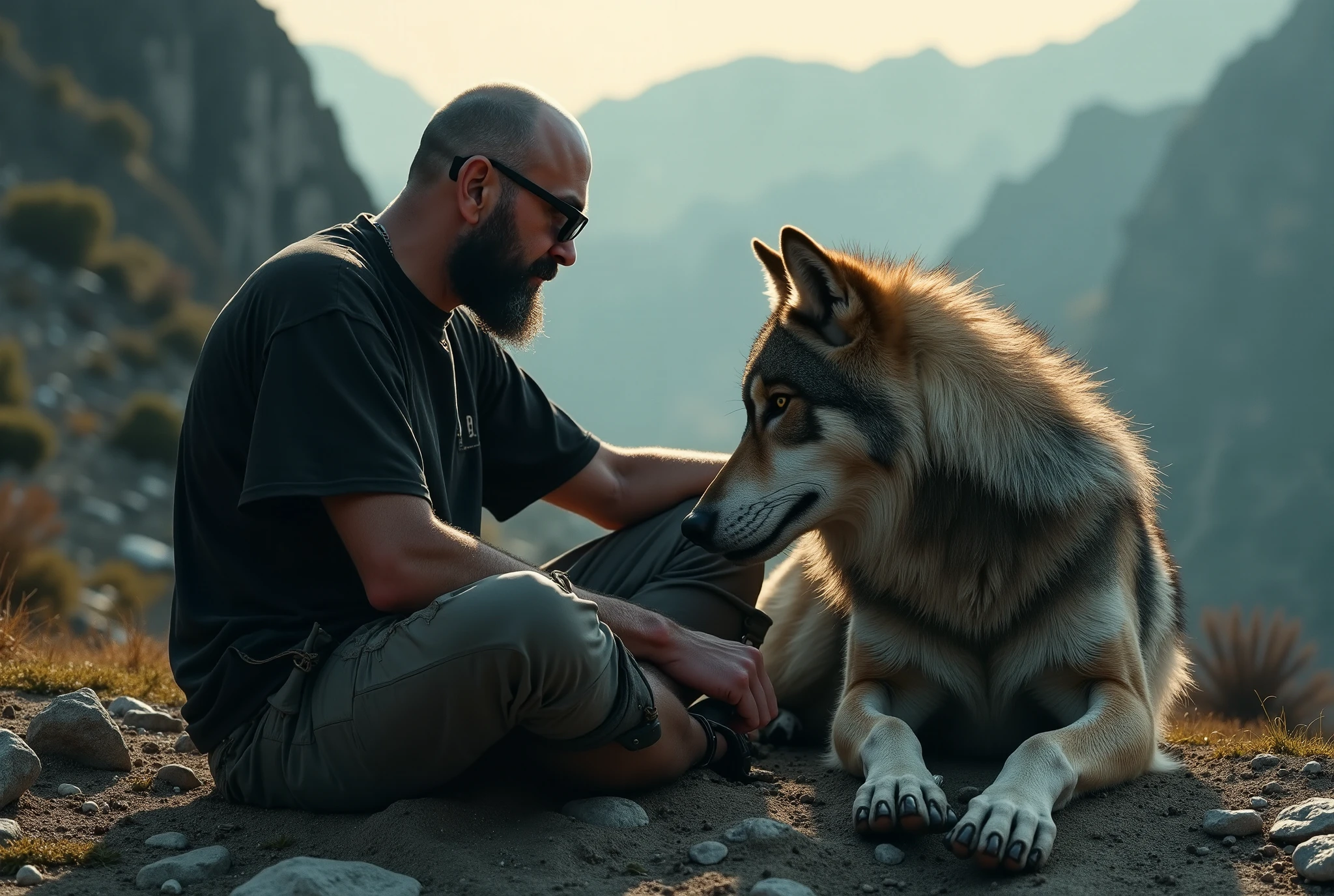 An intimidating wolf is being happily petted on the head by a man /(bald, 65yo, black short bearded, glasses, skinny)/, who is surprised that the wolf wants to be petted. The wolf is resting by putting it's head on the man's chest while the man lays down on the ground. The man wears a torn black shirt, dirty grey pants, barefoot. the photo is extremely detailed. The wolf's body is laying down on top of the man's legs. The background should be in rocky mountains. The wolf, man, and background should be 8k high quality photo realistic. There is only 1 black wolf and 1 man in the photo. professional photograph. sun rays illuminate the face of man creating a gloomy sense of mystical story.