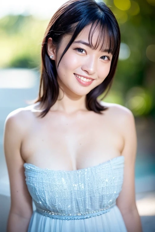 1 Girl, (Wearing a rainbow dress:1.2), (Supercluster), Very beautiful Japanese idol portraits, (RAW Photos, Highest quality), (Realistic, Realistic:1.4), (masterpiece), Very delicate and beautiful, Very detailed, 2k wallpaper, wonderful, finely, Very detailed CG Unity 8K wallpaper, Very detailed, High resolution, Soft Light, Beautiful detailed girl, Very detailed目と顔, Beautiful and sophisticated nose, Beautiful and beautiful eyes, Cinema Lighting, (Fashion magazine photography:1.3), (Outdoor), (night lighting), (Waterfront), (short hair), Complete Anatomy, Slender body, Small breasts, smile