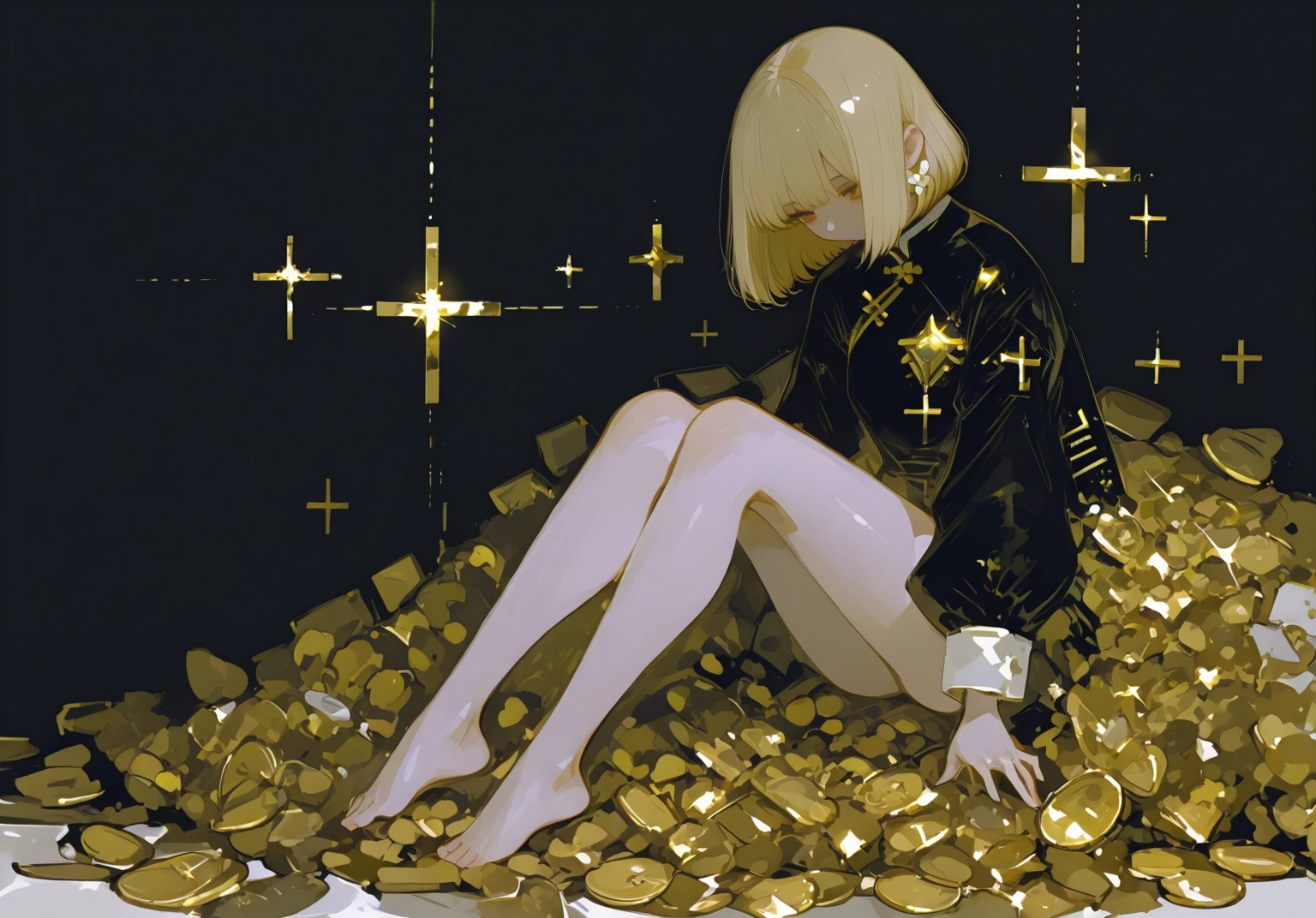 molten gold,gold bullion,coin,Wearing lots of gold accessories,1girl,slime girl,shiny skin,goldpowder,Metalheart,liquid metal girl