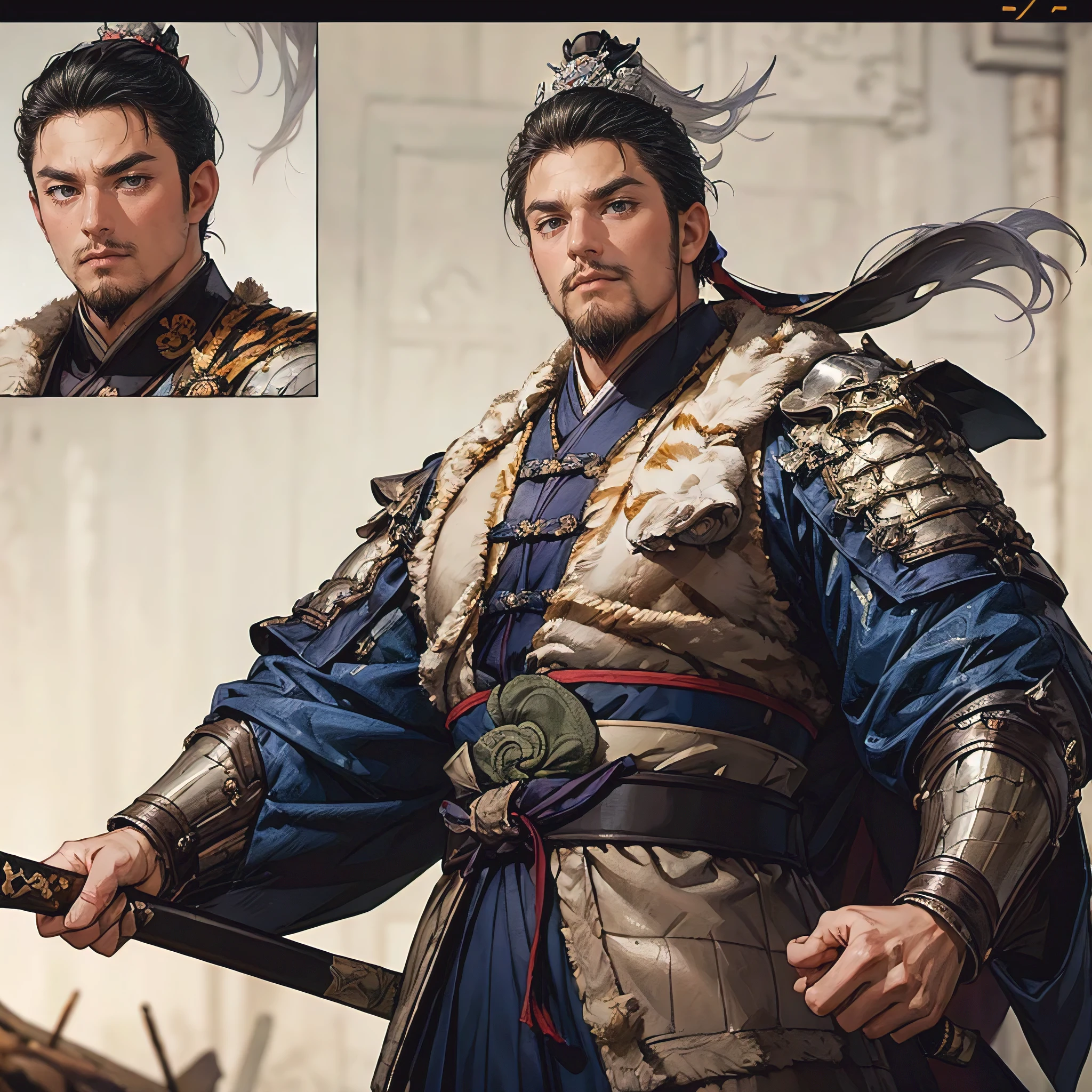 top quality、masterpiece、4K、 oil painting portrait 、An ancient Chinese shogun with a battle baton、One big 30-year-old man、 accurately drawn eye 、black eyes、dark haired、Tiger Whiskers、Glutinous meat:1.3、、Thick neck、 thick arms、silver bright light armor、deeply covered silver helmet、holds a thick battle baton depicted in detail:1.3、(cowboy shot:1.3、depicts a person with sufficient space at the top of the screen and on the left and right:1.3、Distant view、wideshot、blurry white background:1.3)