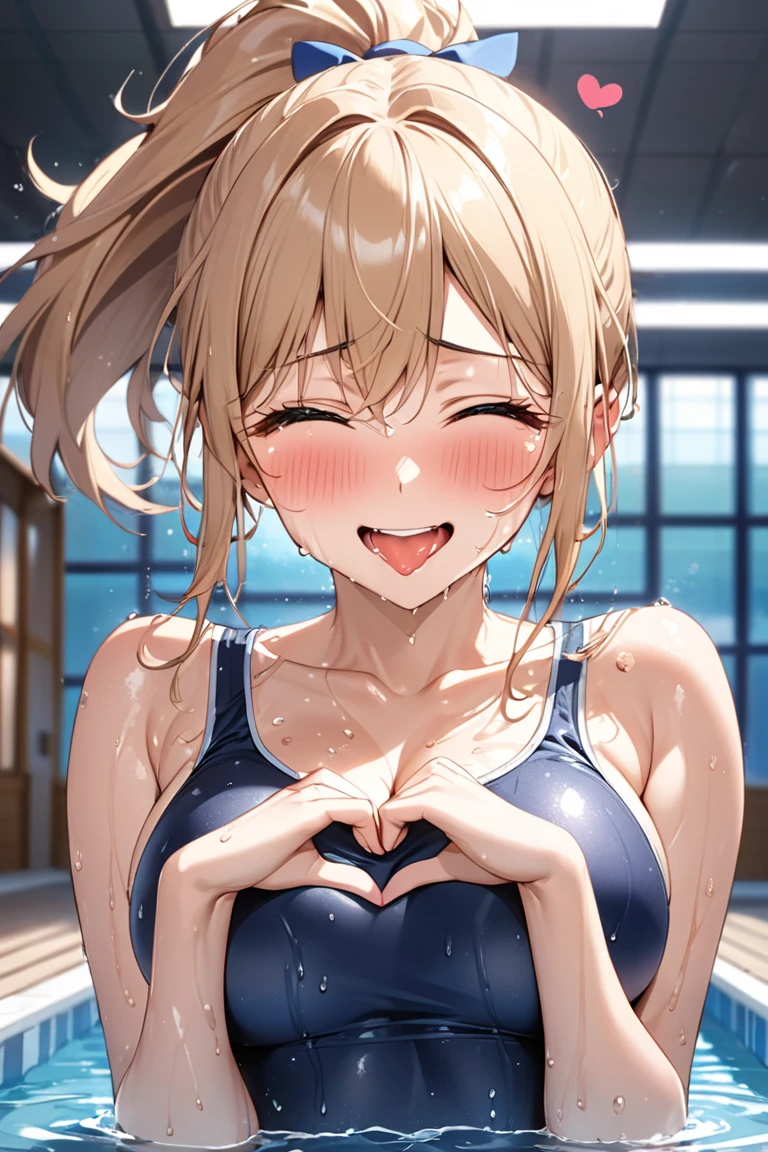 Armpits, woman in swimsuit, open mouth, laughing, blushing cheeks, tickled and excited, spread-eagled, chest visible through the skin, hand touching woman's armpit, flying hand attacking woman