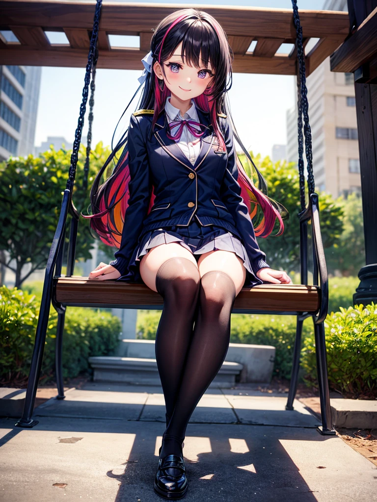 finest, masterpiece, high definition, (full body), front-facing, symmetrical, mature high school girl, solo, (full body from head to toe), small breasts, long hair, slightly messy hair, (black tights), ( (black pantyhose), black pantyhose, (composition where she is made to sit and lift her legs and make her legs open), (bound arms, arms behind back), smile、sitting on a park bench、, looking at camera, showing white panties, white frilly lingerie, high school uniform blazer, high  White blouse, high  with blue ribbon, high  with short plaid pattern and navy pleated skirt, Lacus Clyne