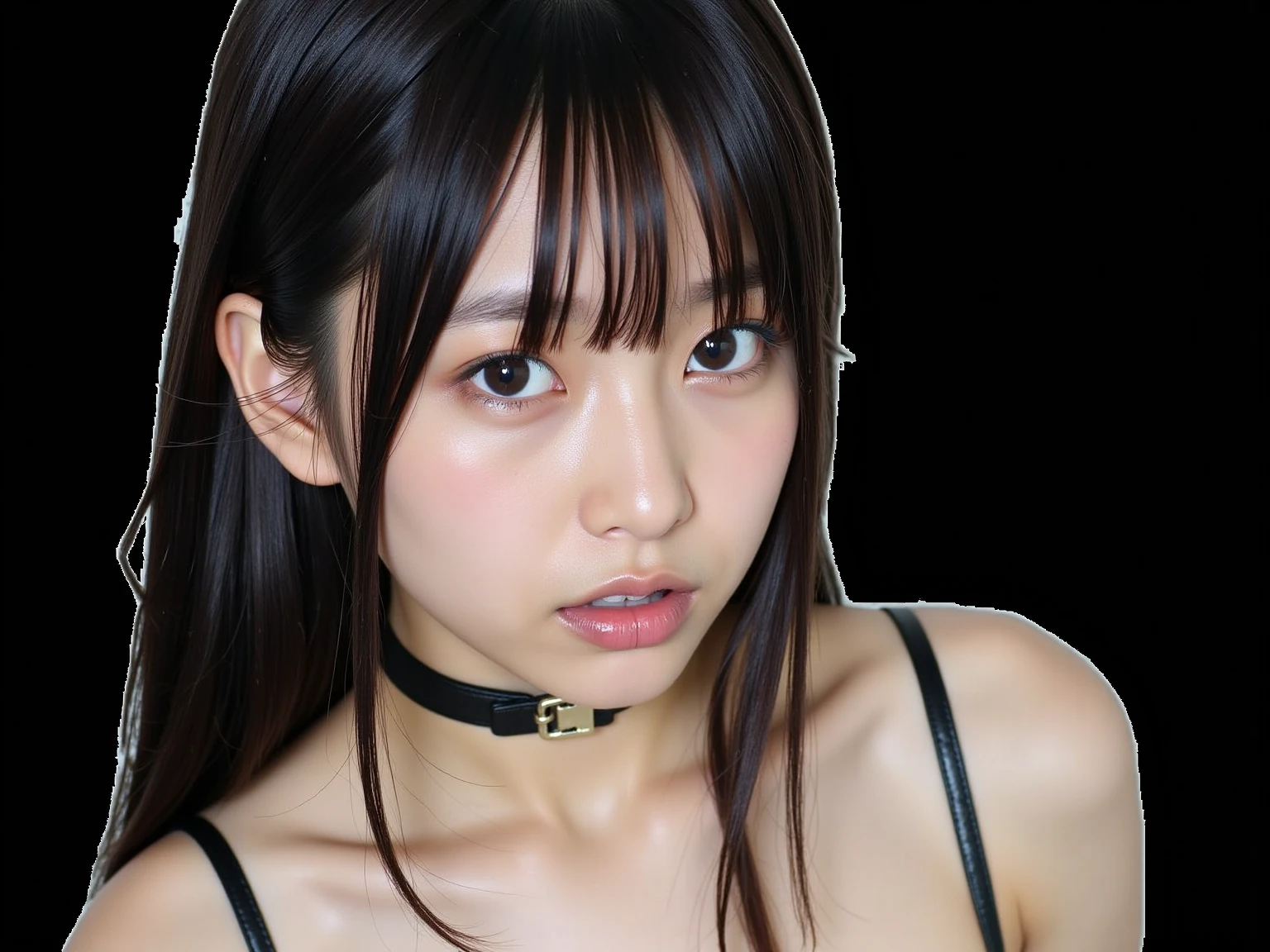score_9, 1girl, goth long black hair, bangs,, on her knees, side view, full pouty lips, ((closeup head shot)), tight wet pussy, pubic hair, cunnilingus, licking wet pink pussy, drool,night club