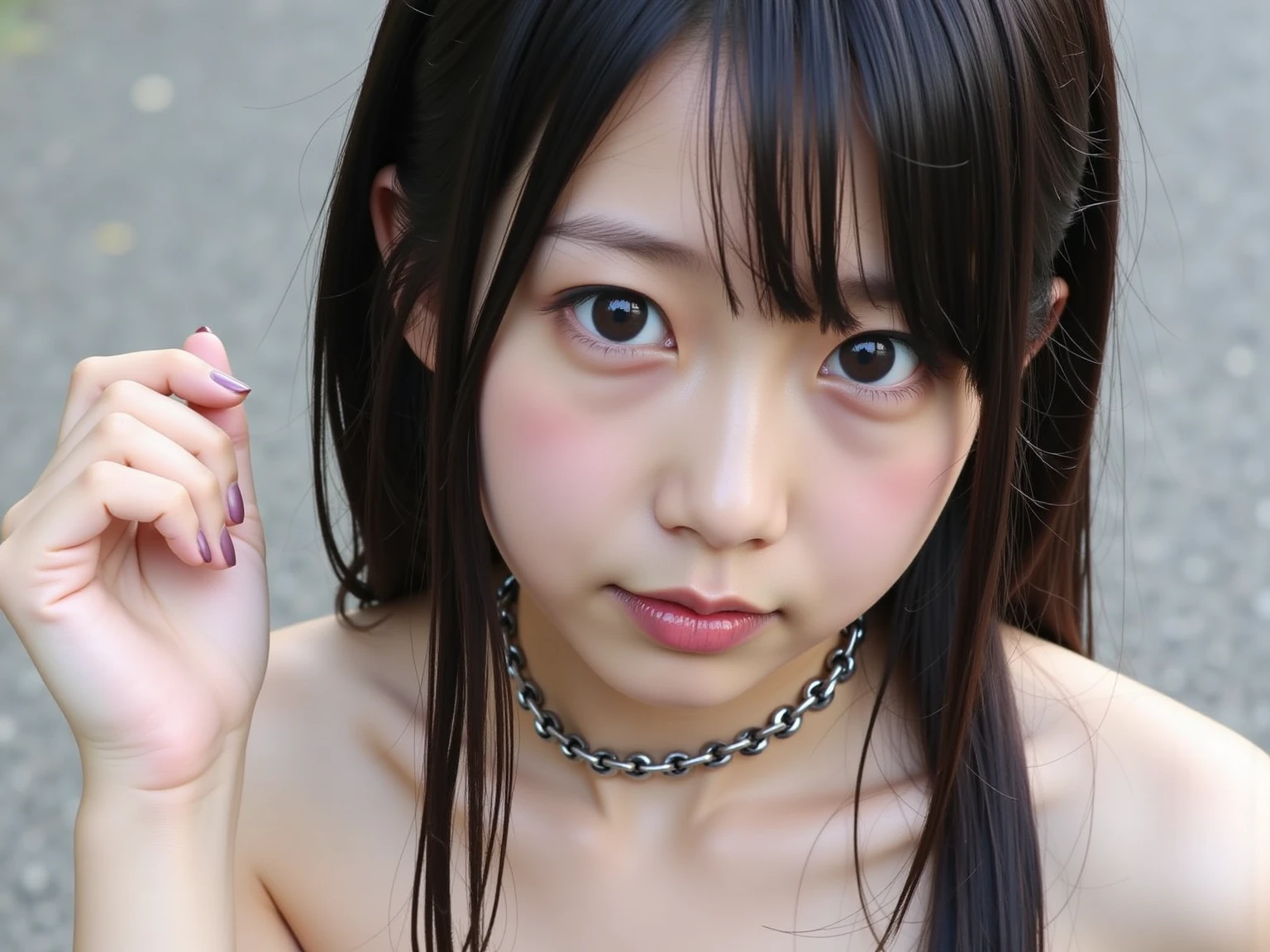 triangle-bikini,(open mouth:1.5),(tongue out:2),Kneeling,Hands Behind Back,Collar with leash,front view,face focus,from above(1girl,Beautiful 14 year old girl,teenager),((Slender,Small breasts,Small face,)),(looking at viewer),Black Hair,bangs,straight,Beautiful and detailed,in the forest
