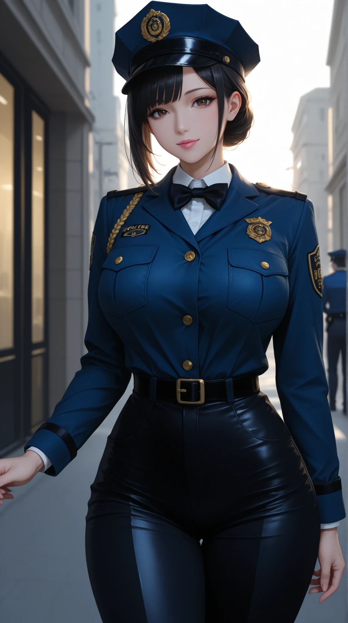a realistic police woman, police uniform, black pants, police blue uniform with police emblems, military police beret, tactical combat boots, police belt, holding a pistol, blonde hair in military bun, serious expression looking at camera, on a street, (voluptuous bust 1.6), perfect body, (voluptuous hips 2.6), (best quality,4k,8k,highres,masterpiece:1.2),ultra-detailed,(realistic,photorealistic,photo-realistic:1.37),HDR,UHD,studio lighting,ultra-fine painting,sharp focus,physically-based rendering,extreme detail description,professional,vivid colors,bokeh,photography