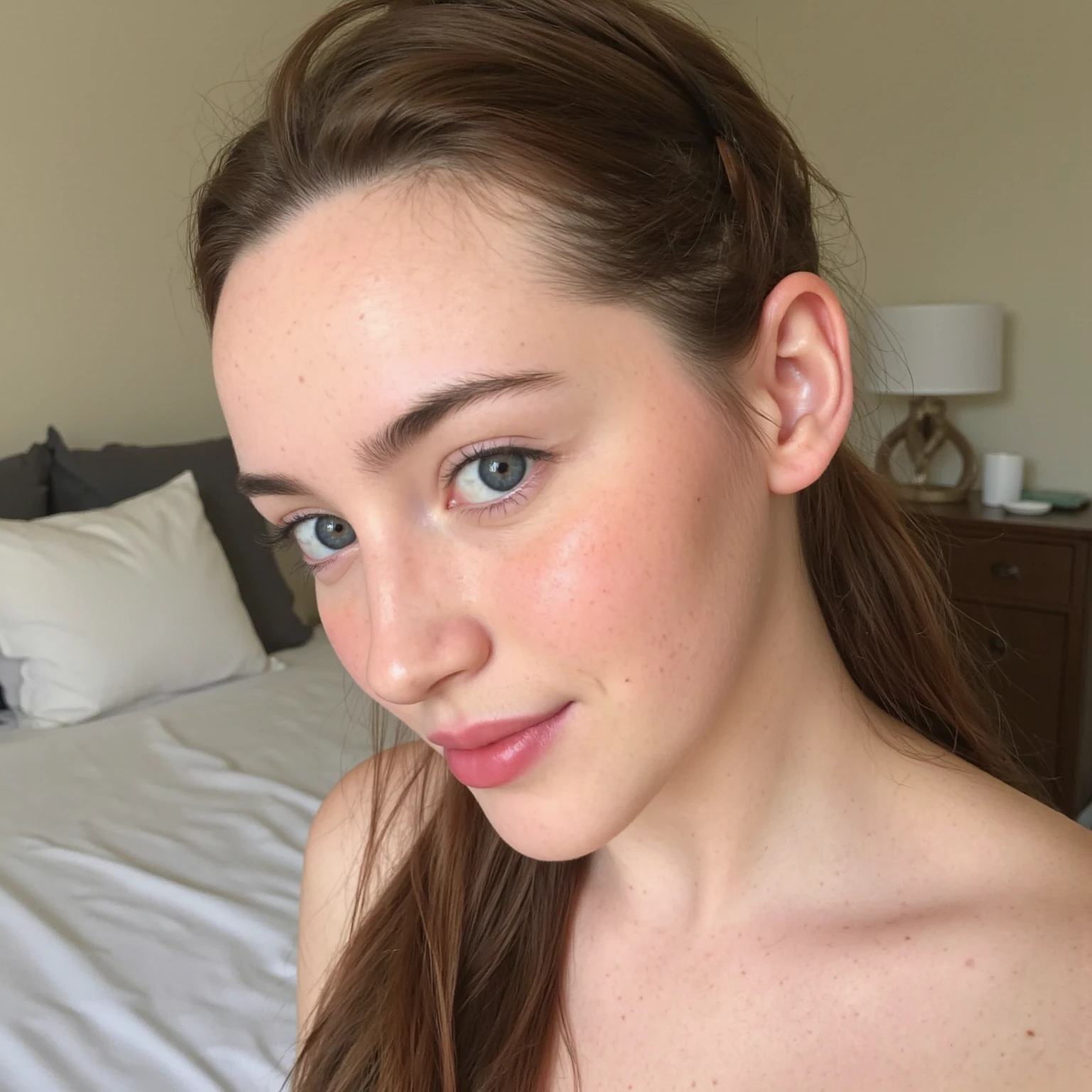 ((Age18+ Irish female, pale skin, small breasts, runners body, some small freckles, imperfect skin, wavy hair)(HQ)(photorealistic)) taking a selfie (black hair)